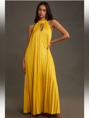 Hutch Yellow Halter Pleated Maxi Gown